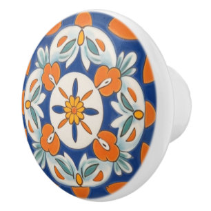 Bouton De Porte En Céramique Orange et bleu Géométrique Floral Méditerranée