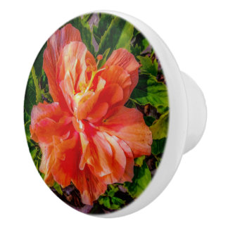 Bouton De Porte En Céramique Orange Hibiscus Beauté