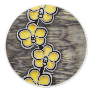 Bouton De Porte En Céramique Orchidée grise jaune