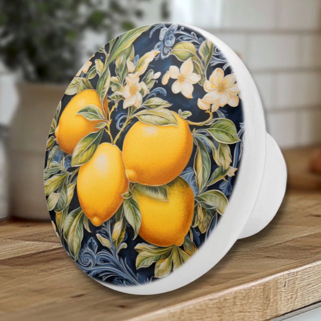 Bouton De Porte En Céramique Ornate Lemons - Navy Ceramic Knob (Ornate Mediterranean Lemons on Navy - Italian Style Ceramic Knob)