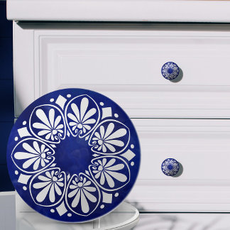 Bouton De Porte En Céramique Ornement de clé grecque - Bleu et blanc
