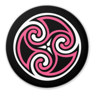 Bouton De Porte En Céramique Ornement de Triskele celtique, Fuchsia, noir et bl