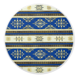Bouton De Porte En Céramique Ornement ethnique coloré - Bleu et beige