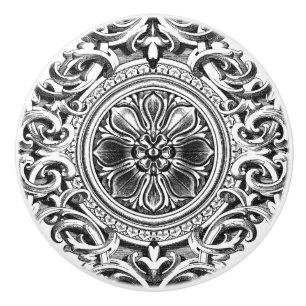 Bouton De Porte En Céramique Ornement floral gris élégant