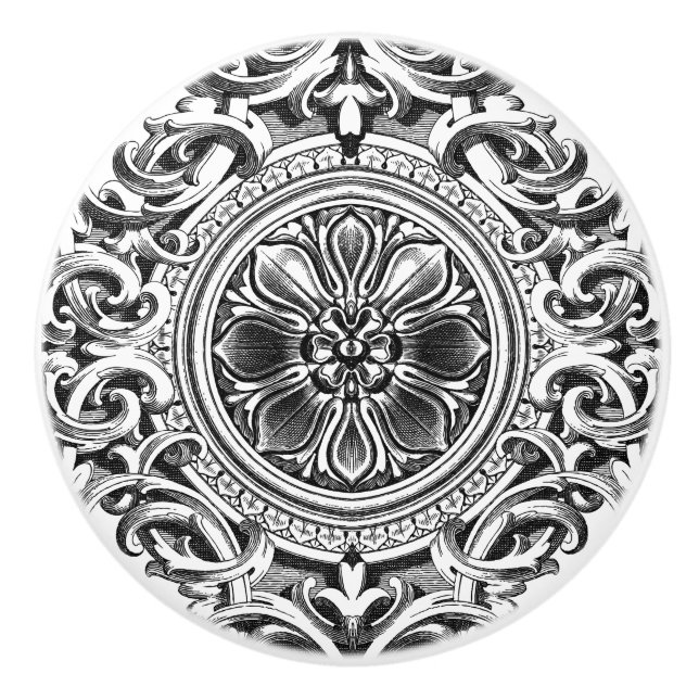 Bouton De Porte En Céramique Ornement floral gris élégant (Devant)