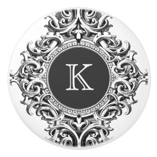 Bouton De Porte En Céramique Ornement floral grise monogramme