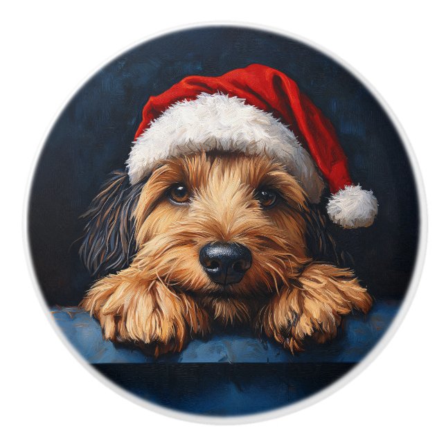 Bouton De Porte En Céramique Otterhound Dans Un Chapeau De Père Noël (Devant)