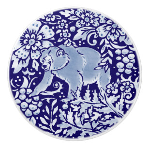 Bouton De Porte En Céramique Ours de forêt bleu foncé Bois Animaux Floral