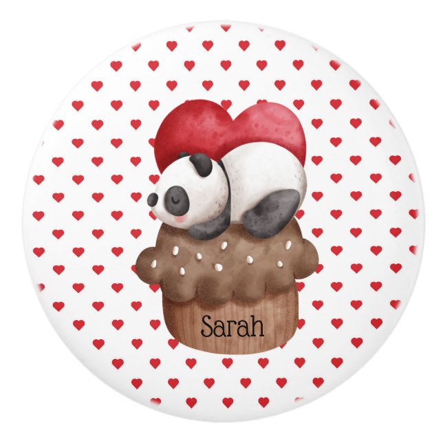 Bouton De Porte En Céramique Ours de panda lunaire sur un cupcake Monogramme (Devant)