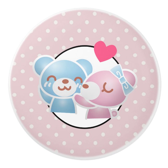 Bouton De Porte En Céramique Ours KIssing sur Cute Pois et Kawaii (Devant)