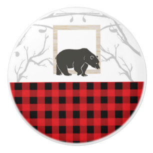 Bouton De Porte En Céramique Ours rustique et bois de campagne à carreaux Red B