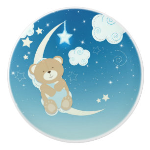 Bouton De Porte En Céramique Ourson Lune & Étoiles Douce Nurserie Céleste