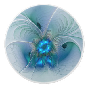 Bouton De Porte En Céramique Ovations debout, fractale abstraite bleu turquoise