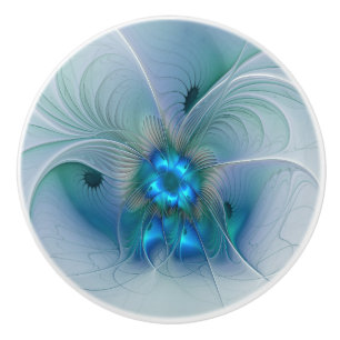 Bouton De Porte En Céramique Ovations debout, fractale bleue turquoise abstrait