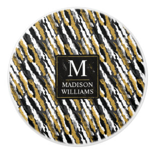 Bouton De Porte En Céramique Pailleté noir et or Motif animal zèbre blanc