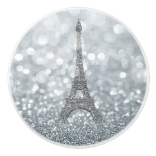 Bouton De Porte En Céramique Paillettes d'argent scintillantes Paris Tour Eiffe