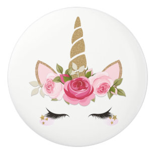 Bouton De Porte En Céramique Paillettes dorées Licorne rose Fleurs Roses Tendan