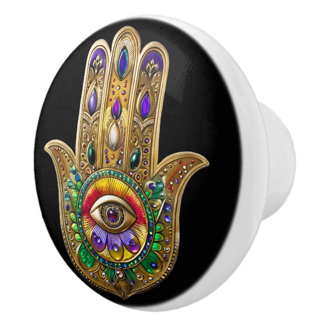 Bouton De Porte En Céramique Painted Gold Hamsa Amethyst Ruby Third Eye (Droite)
