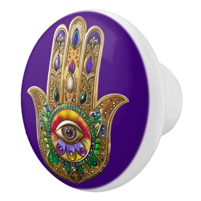 Bouton De Porte En Céramique Painted Gold Hamsa Amethyst Ruby Third Eye (Droite)