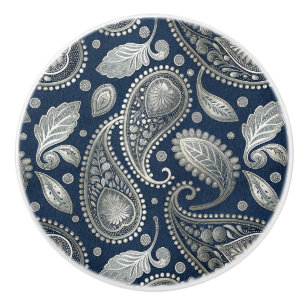 Bouton De Porte En Céramique Paisley en bleu marine et élégant argent