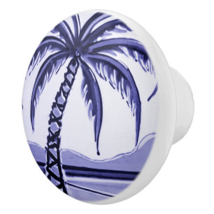 Bouton De Porte En Céramique Palm Tree décor de maison de plage bleu et blanc