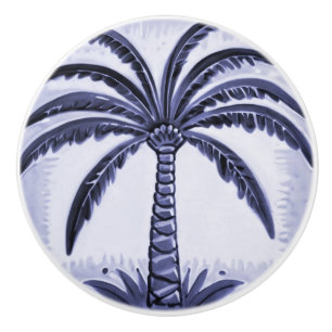 Bouton De Porte En Céramique Palm Tree Maison de plage tropicale bleue et blanc
