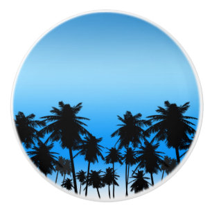 Bouton De Porte En Céramique Palmiers de plage Noir & Bleu Tropical