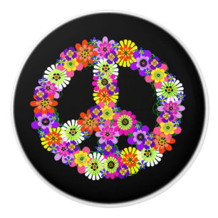 Bouton De Porte En Céramique Panneau de paix Floral sur noir