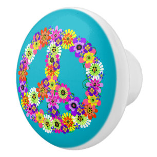 Bouton De Porte En Céramique Panneau de paix Floral sur Turquoise