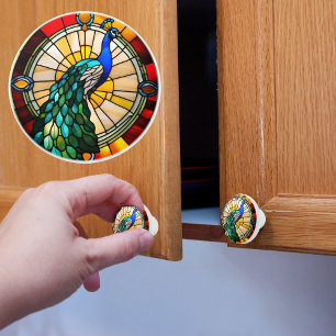 Bouton De Porte En Céramique Paon en Faux Verre Coloré