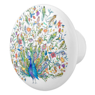 Bouton De Porte En Céramique Paon floral aquarelle 