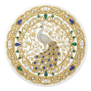 Bouton De Porte En Céramique Paon oiseau cristal or 2D pierres précieuses graph
