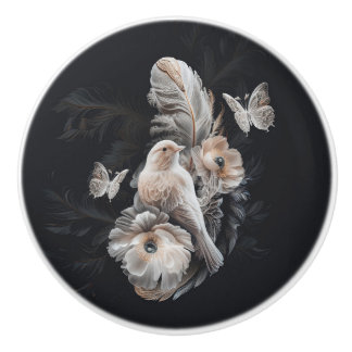 Bouton De Porte En Céramique Papier foncé de luxe Knob, Oiseau, Fleur et Plumes