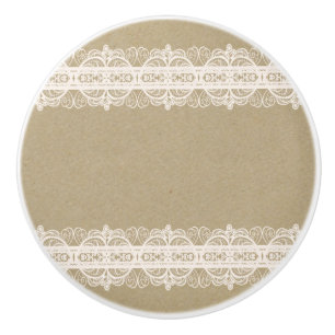 Bouton De Porte En Céramique Papier Kraft Brun & Dentelle Blanche Rustique