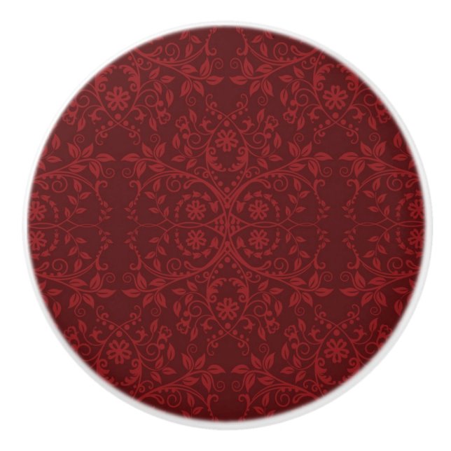 Bouton De Porte En Céramique Papier peint floral rouge détaillé (Devant)