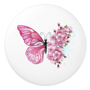 Bouton De Porte En Céramique Papillon à fleurs avec Sakura rose