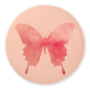 Bouton De Porte En Céramique Papillon aquarelle - Corail et Pêche