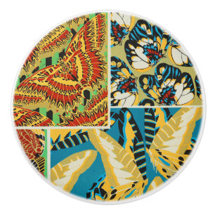 Bouton De Porte En Céramique Papillon Art Déco Jaune et Turquoise Vibrants
