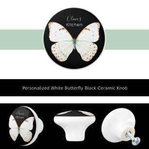 Bouton De Porte En Céramique Papillon blanc personnalisé Noir