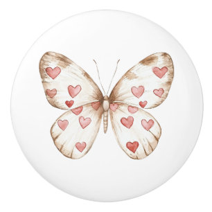 Bouton De Porte En Céramique Papillon des Coeurs rouges