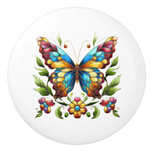 Bouton De Porte En Céramique Papillon en vitrail coloré avec fleurs