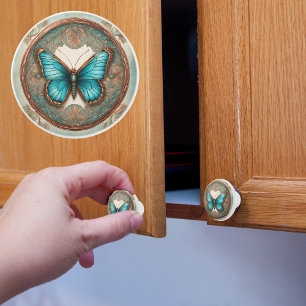 Bouton De Porte En Céramique Papillon encadré de cuivre et de turquoise