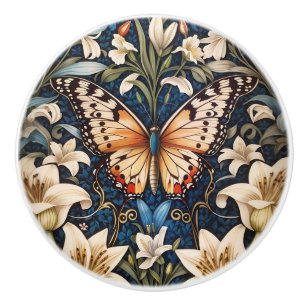 Bouton De Porte En Céramique Papillon et Lys Botanique