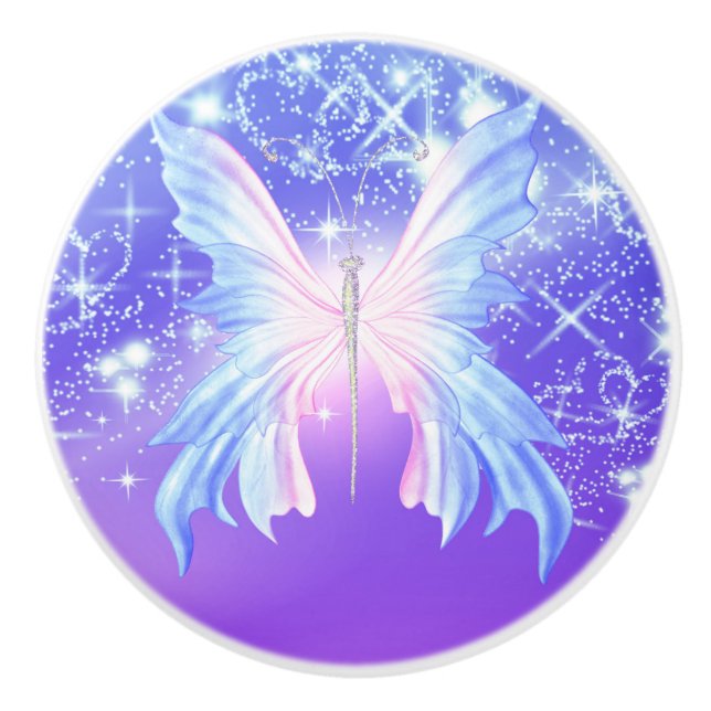 Bouton De Porte En Céramique Papillon Fantaisie Rose Et Violet Pailleté (Devant)