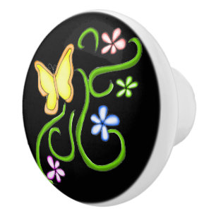 Bouton De Porte En Céramique Papillon jaune avec Fleurs de Printemps Ceramic Kn