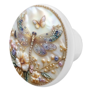 Bouton De Porte En Céramique Papillon libellule Art déco or gemmes perles