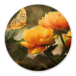 Bouton De Porte En Céramique Papillon orange et fleurs