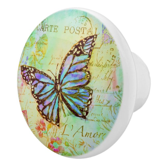 Bouton De Porte En Céramique papillon turquoise et violet (Droite)