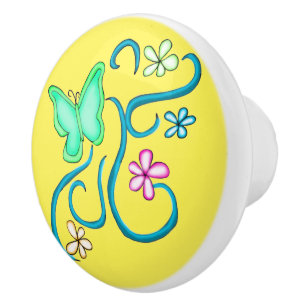 Bouton De Porte En Céramique Papillon vert avec Fleurs de Printemps Ceramic Kno