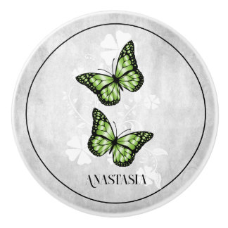 Bouton De Porte En Céramique Papillon vert florale cercueil personnalisé